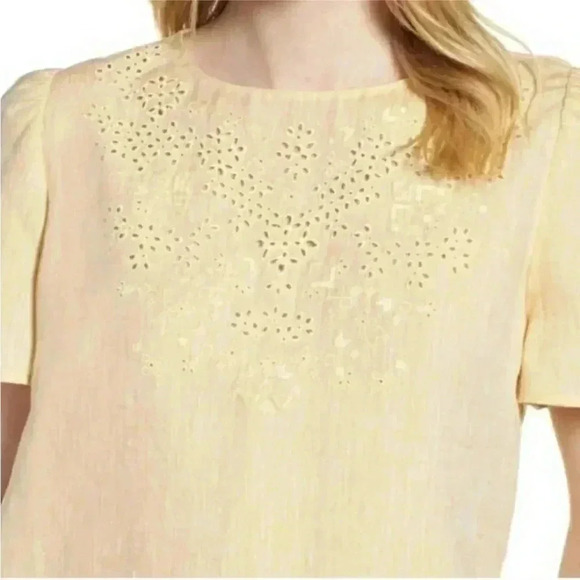 Nordstrom Signature Linen Top Yellow Eyelet Embroidered Top Blouse Large - Picture 2 of 8